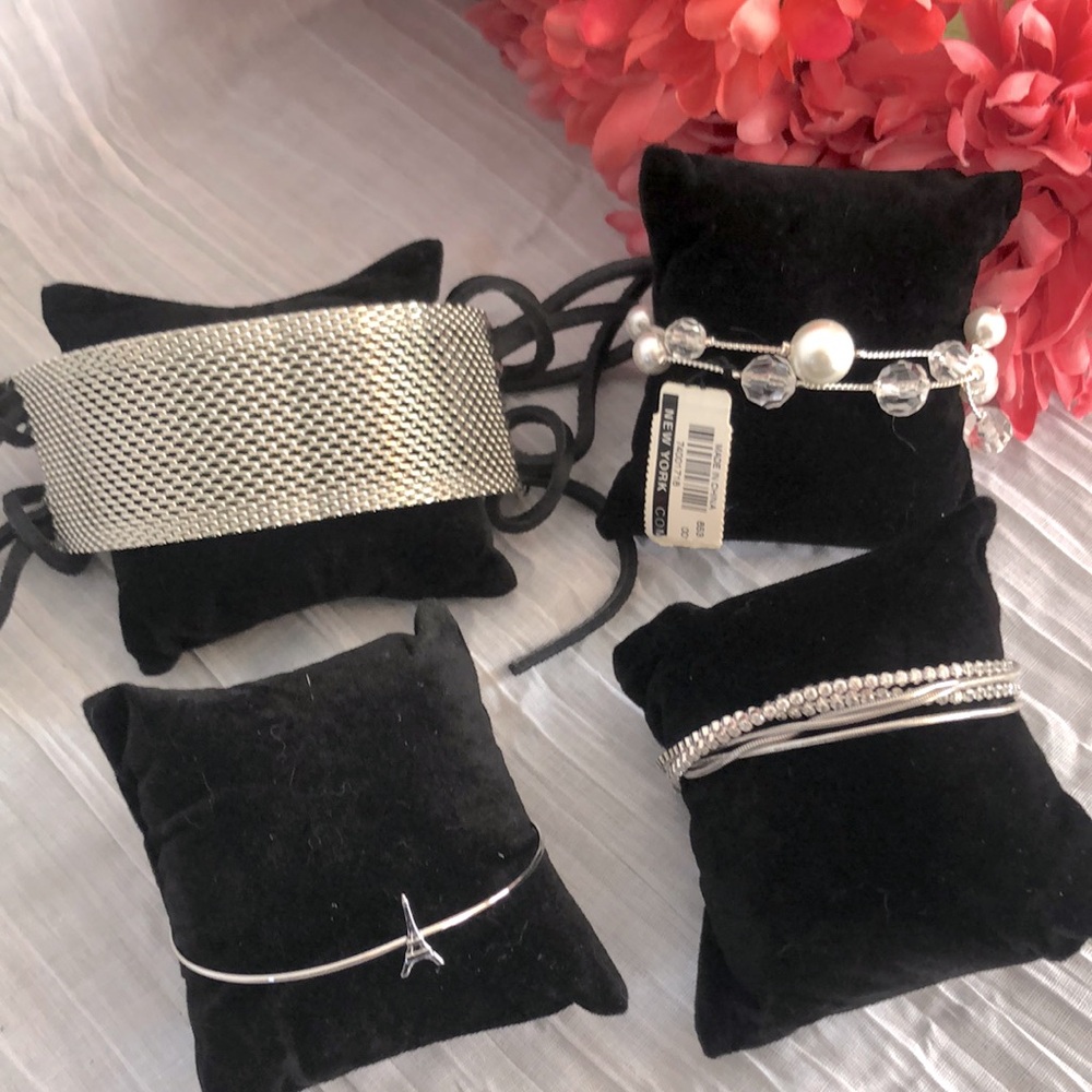 Lot of 4 bangle cuff strap multi-layer faux pearls & Paris theme bracelets 1 NWT